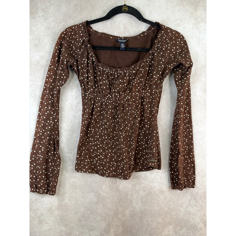 Y2K American Eagle Top XS Brown Ditsy Floral Long Sleeve Square Neck Milkmaid